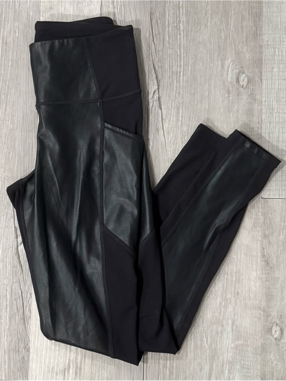 Athleta Gleam Chaturanga to Town Black Faux-Leather Panel Leggings